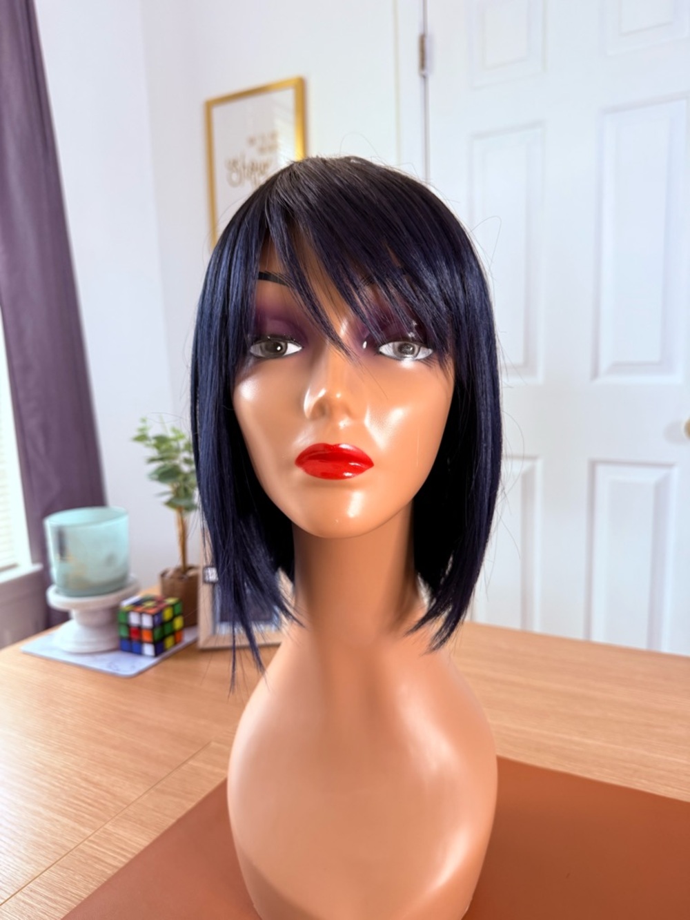 Classic Short Layered Women’s Wig - Black with Subtle blue Highlights